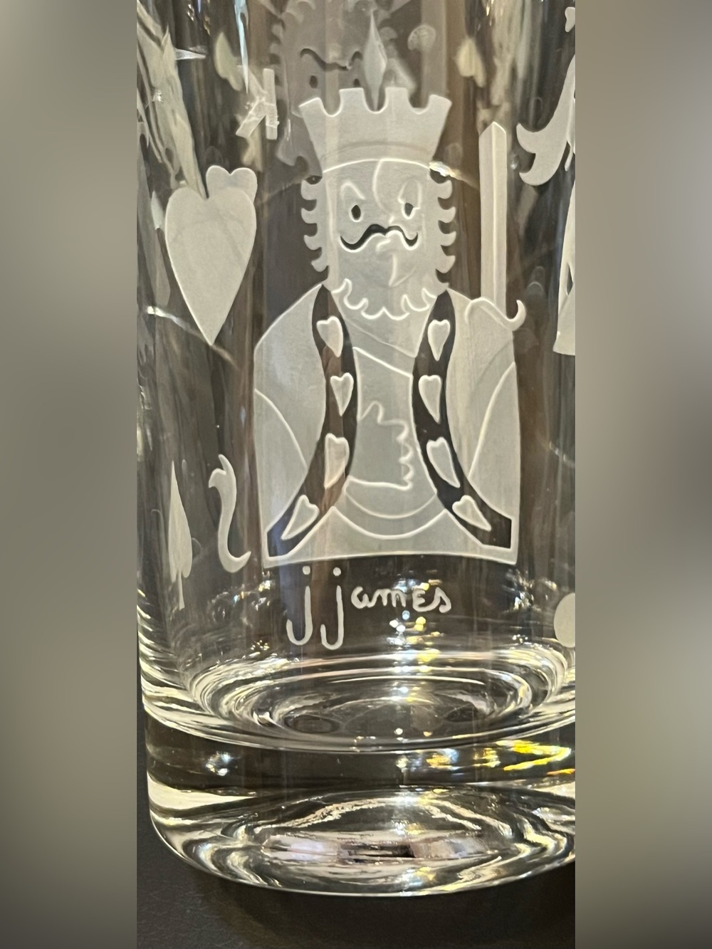 VTG & Signed J James - King and Queen Etched Playing Cards Highball Glasses